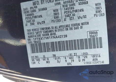 2000 Ford F-150 Lariat/Work Series/Xl/Xlt z USA, uszkodzony, nr VIN 1FTRX17W1YNA42128